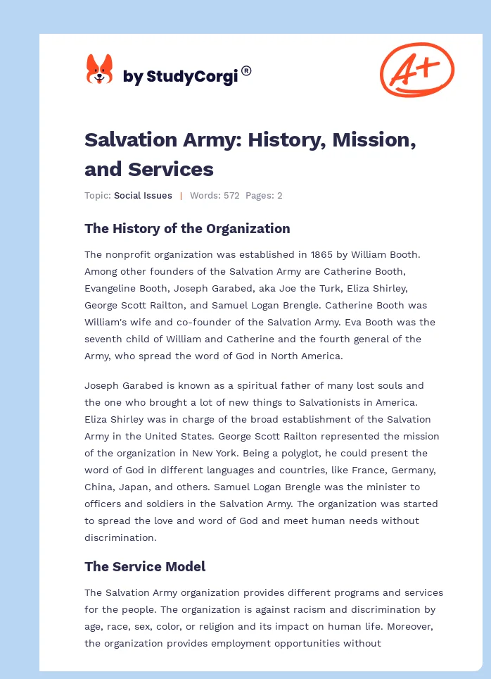 Salvation Army: History, Mission, and Services. Page 1