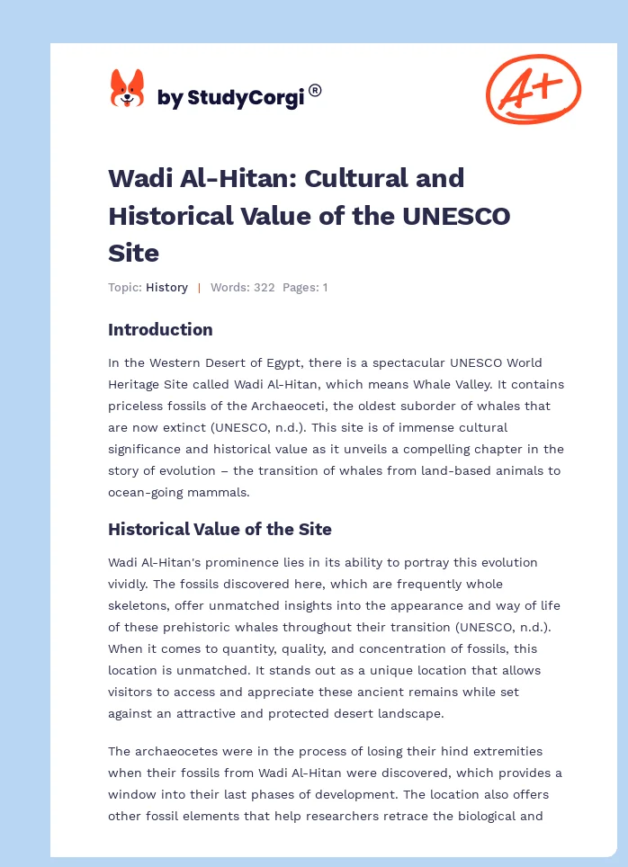 Wadi Al-Hitan: Cultural and Historical Value of the UNESCO Site. Page 1