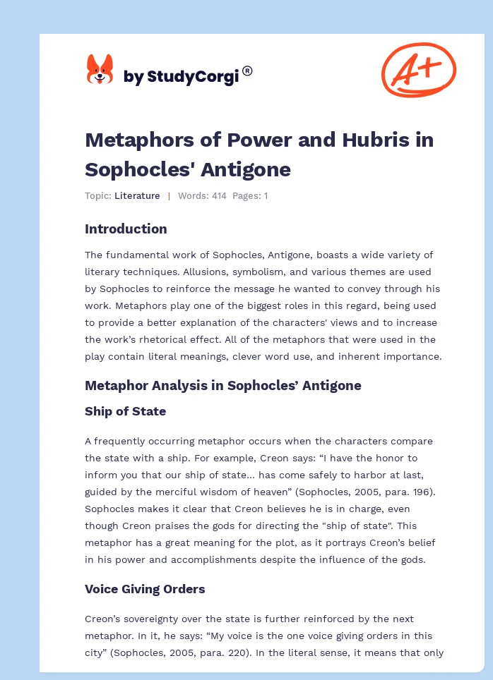 Metaphors of Power and Hubris in Sophocles' Antigone. Page 1