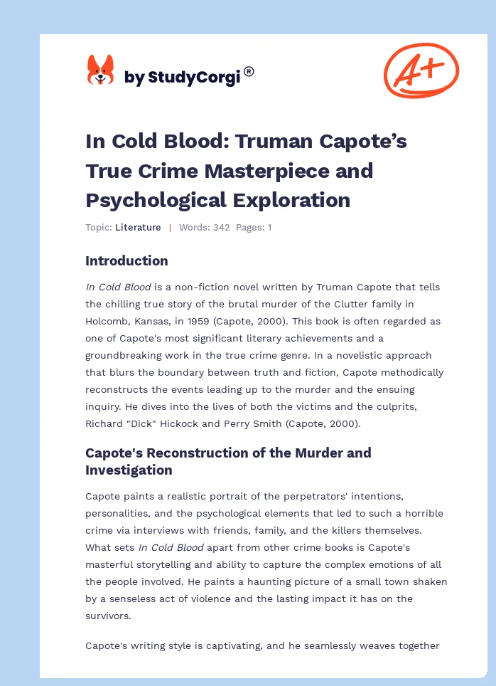 In Cold Blood: Truman Capote’s True Crime Masterpiece and Psychological Exploration. Page 1