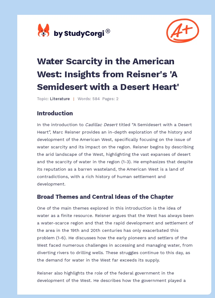 Water Scarcity in the American West: Insights from Reisner's 'A Semidesert with a Desert Heart'. Page 1