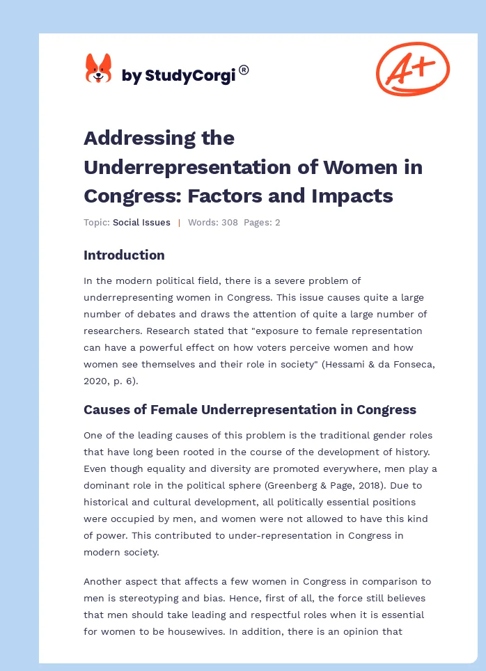 Addressing the Underrepresentation of Women in Congress: Factors and Impacts. Page 1