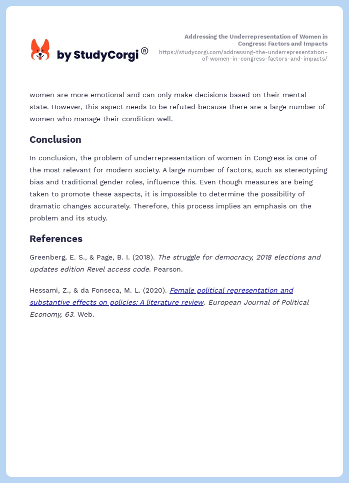 Addressing the Underrepresentation of Women in Congress: Factors and Impacts. Page 2