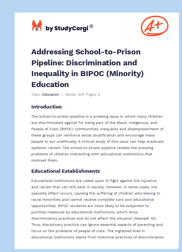 Addressing School-to-Prison Pipeline: Discrimination and Inequality in BIPOC (Minority) Education. Page 1