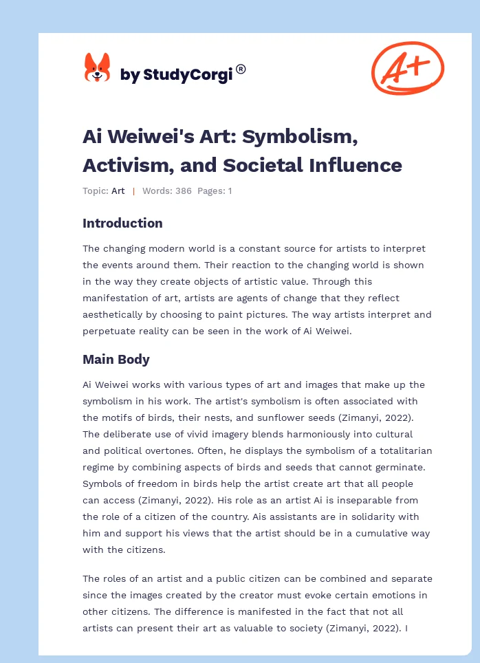 Ai Weiwei's Art: Symbolism, Activism, and Societal Influence. Page 1