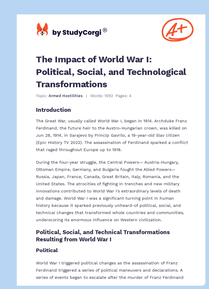 The Impact of World War I: Political, Social, and Technological Transformations. Page 1