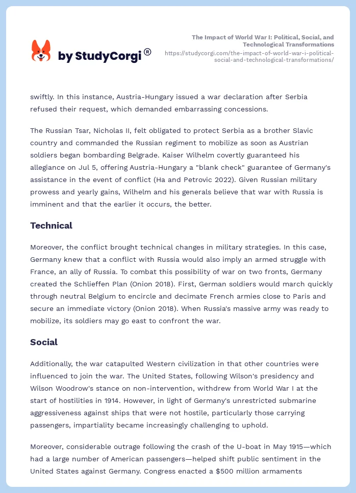 The Impact of World War I: Political, Social, and Technological Transformations. Page 2