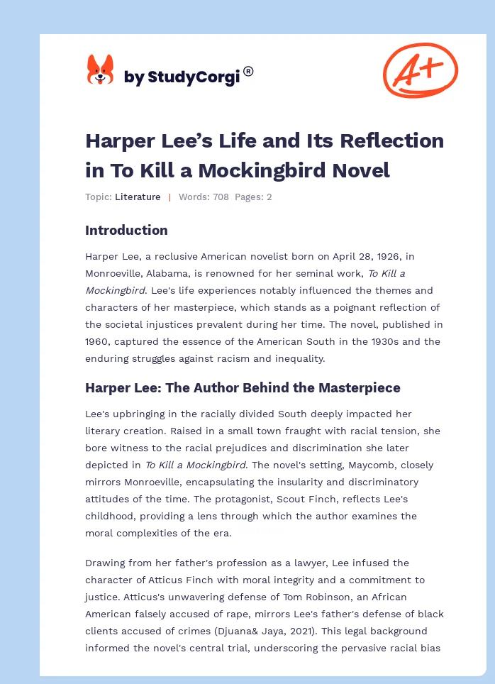 Harper Lee’s Life and Its Reflection in To Kill a Mockingbird Novel. Page 1