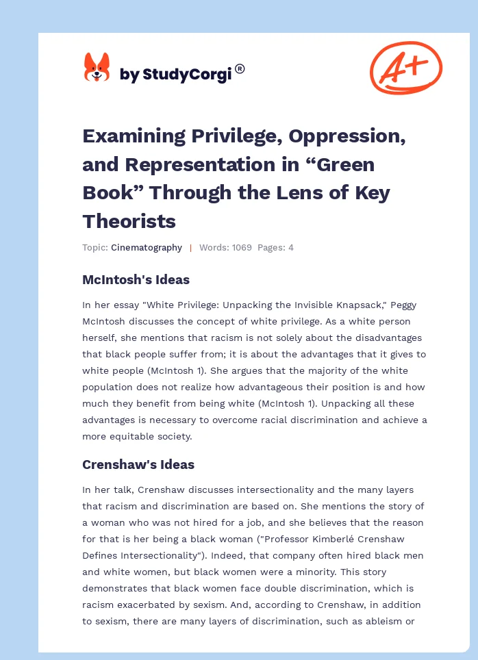 Examining Privilege, Oppression, and Representation in “Green Book” Through the Lens of Key Theorists. Page 1