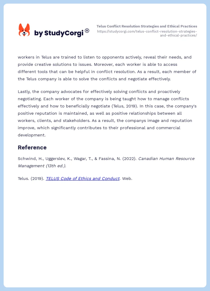 Telus Conflict Resolution Strategies and Ethical Practices. Page 2