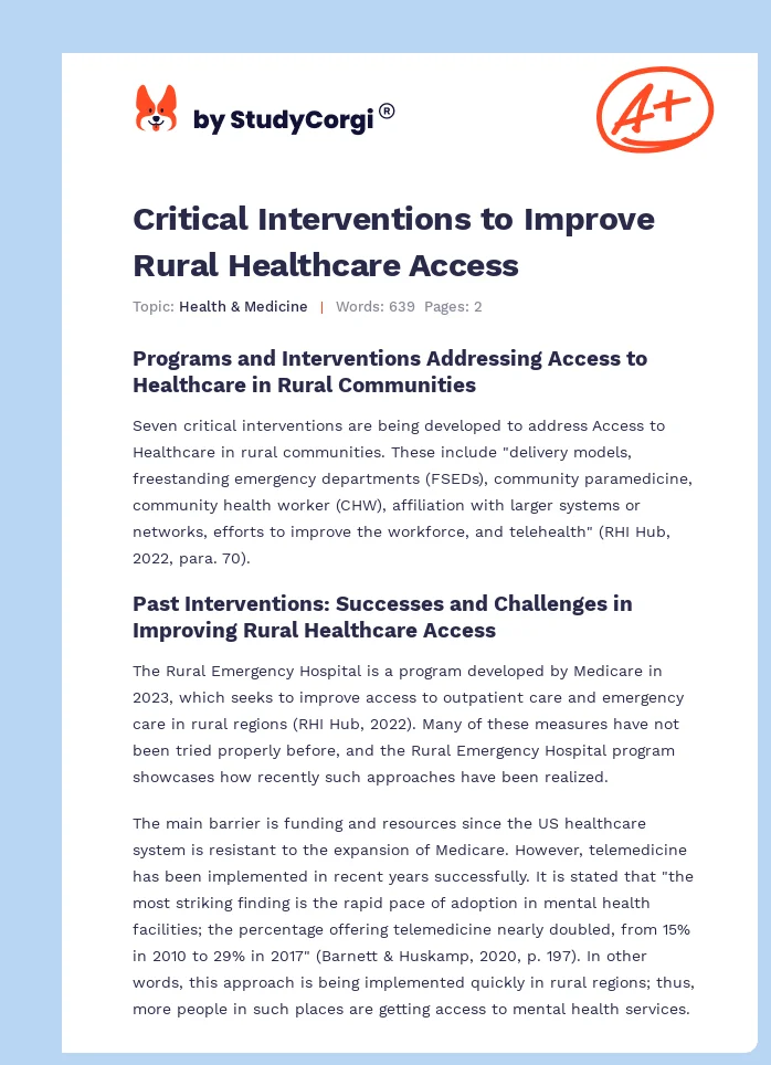 Critical Interventions to Improve Rural Healthcare Access. Page 1