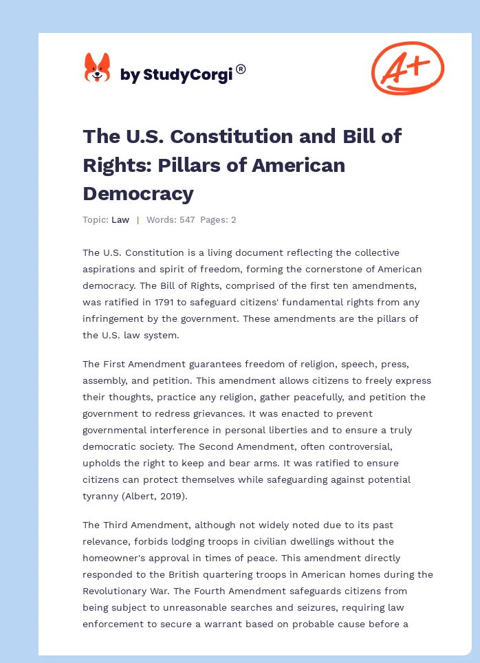 The U.S. Constitution and Bill of Rights: Pillars of American Democracy. Page 1