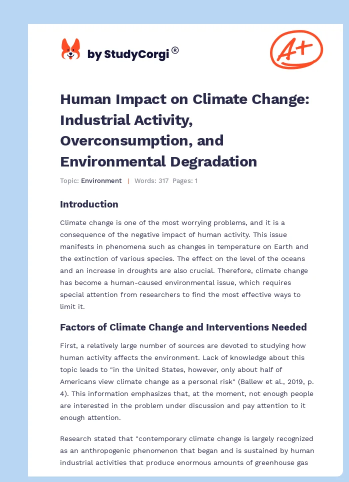 Human Impact on Climate Change: Industrial Activity, Overconsumption, and Environmental Degradation. Page 1