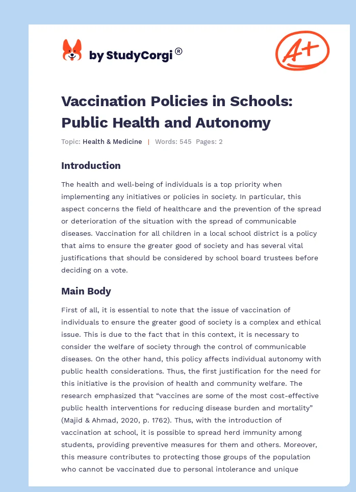 Vaccination Policies in Schools: Public Health and Autonomy. Page 1