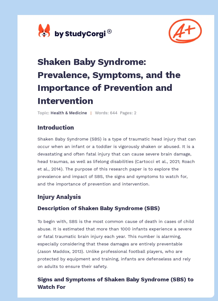 Shaken Baby Syndrome: Prevalence, Symptoms, and the Importance of Prevention and Intervention. Page 1