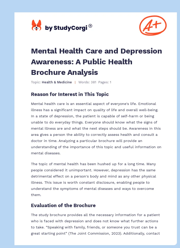 Mental Health Care and Depression Awareness: A Public Health Brochure Analysis. Page 1