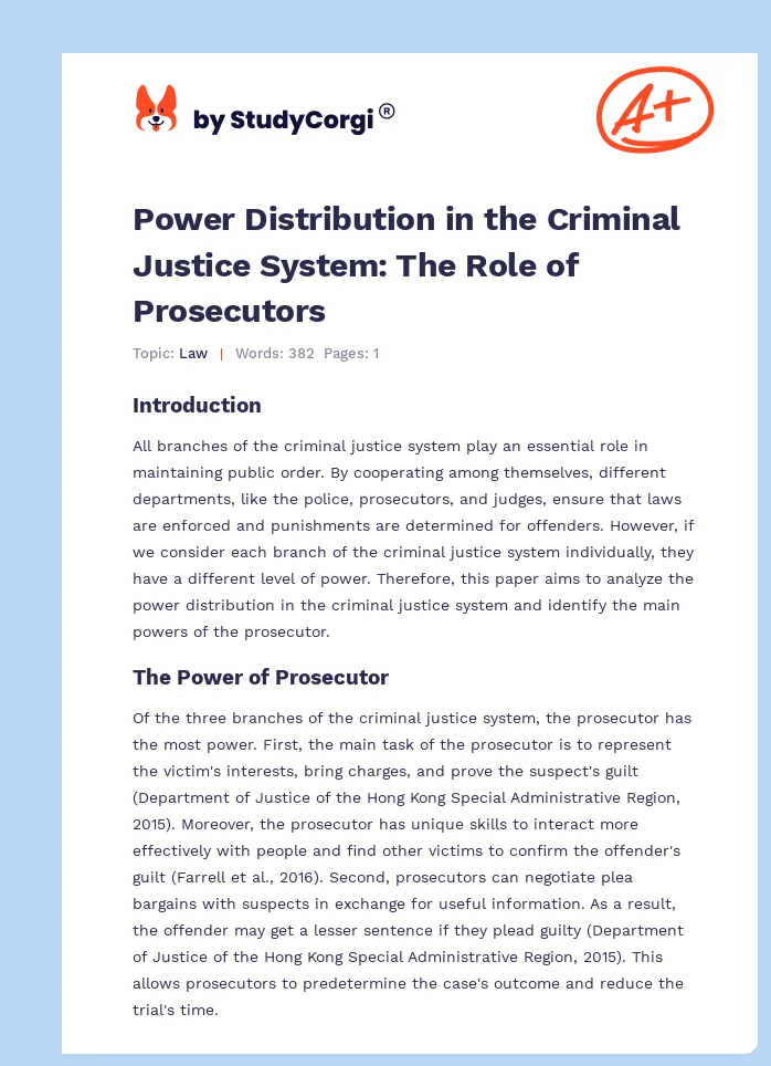 Power Distribution in the Criminal Justice System: The Role of Prosecutors. Page 1