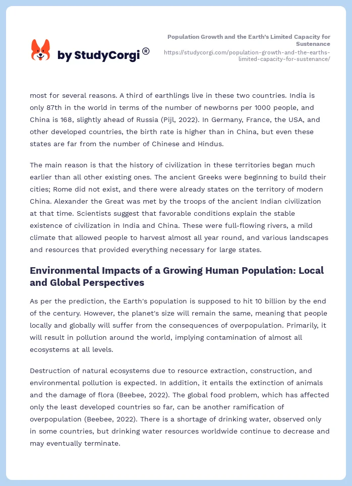 Population Growth and the Earth’s Limited Capacity for Sustenance. Page 2