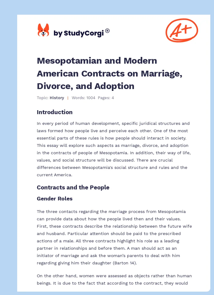 Mesopotamian and Modern American Contracts on Marriage, Divorce, and Adoption. Page 1