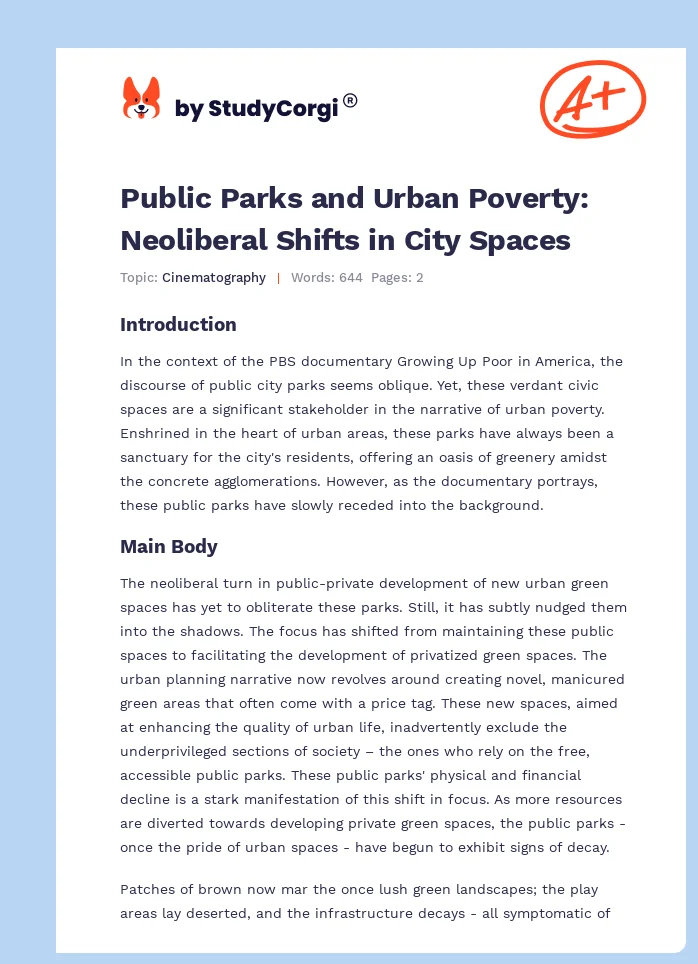 Public Parks and Urban Poverty: Neoliberal Shifts in City Spaces. Page 1