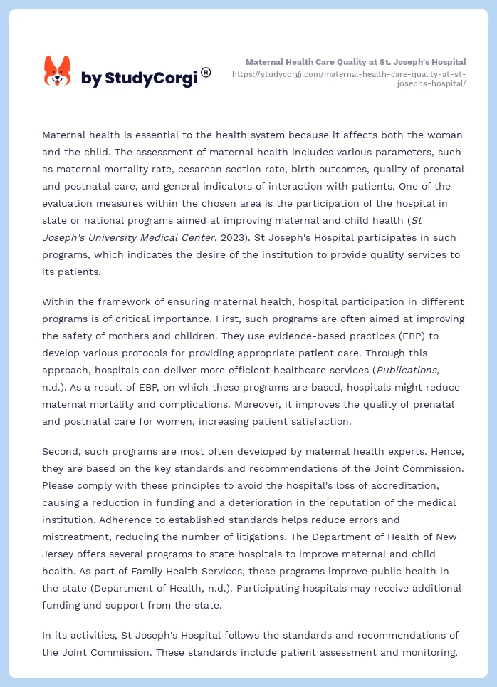 Maternal Health Care Quality at St. Joseph's Hospital. Page 2