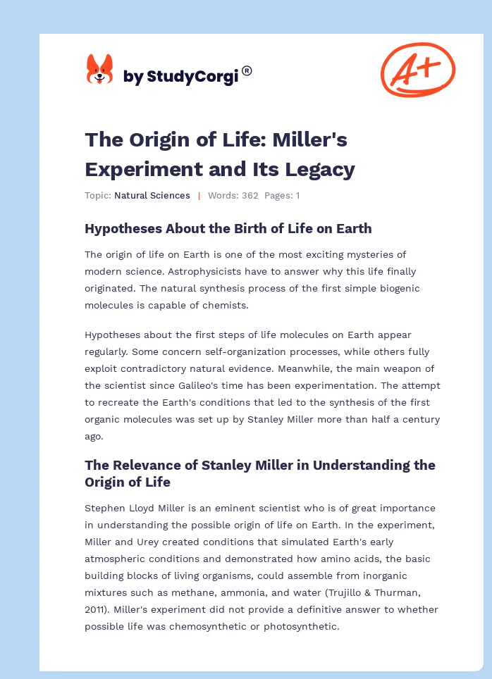 The Origin of Life: Miller's Experiment and Its Legacy. Page 1