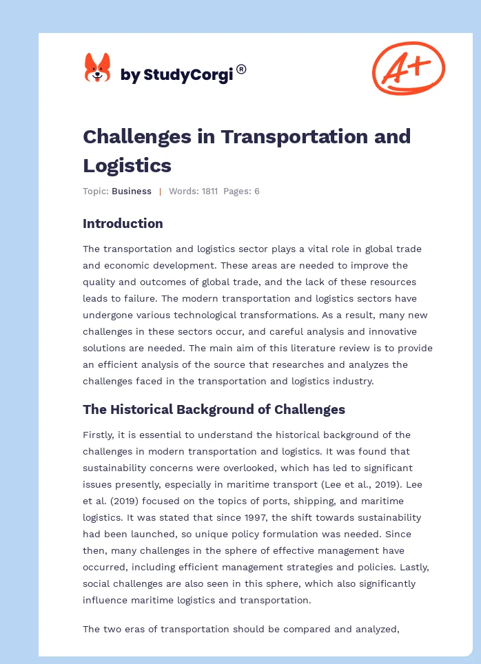 Challenges in Transportation and Logistics. Page 1