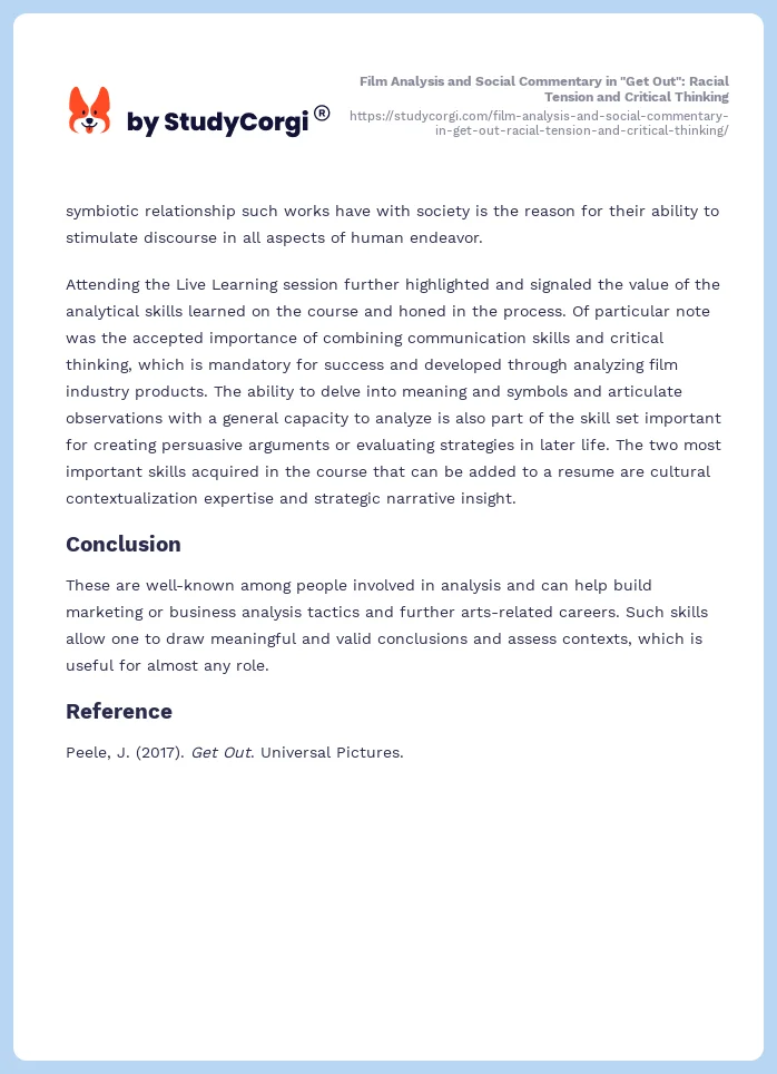 Film Analysis and Social Commentary in "Get Out": Racial Tension and Critical Thinking. Page 2