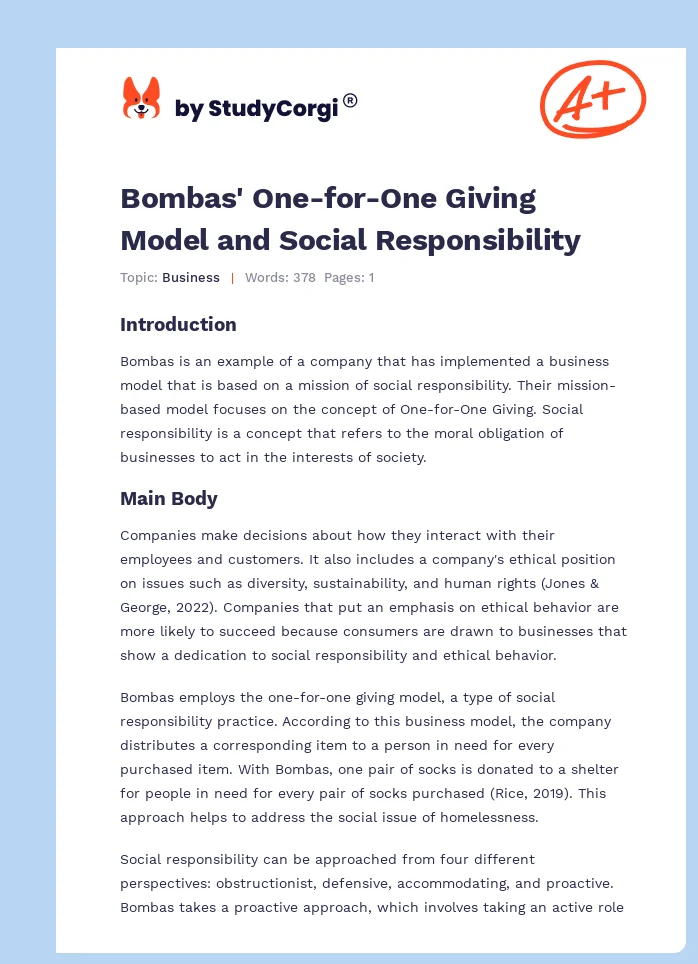 Bombas' One-for-One Giving Model and Social Responsibility. Page 1