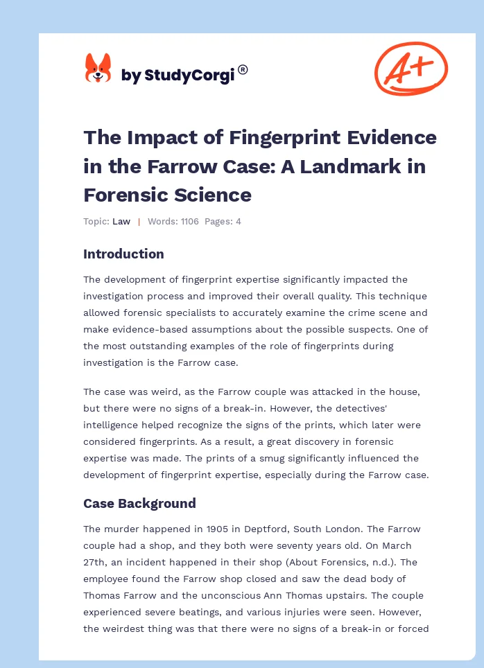 The Impact of Fingerprint Evidence in the Farrow Case: A Landmark in Forensic Science. Page 1