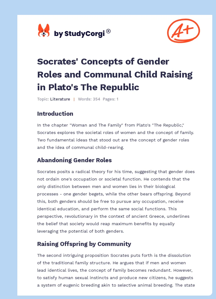 Socrates' Concepts of Gender Roles and Communal Child Raising in Plato's The Republic. Page 1