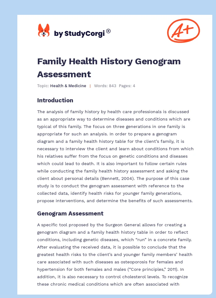 Family Health History Genogram Assessment. Page 1