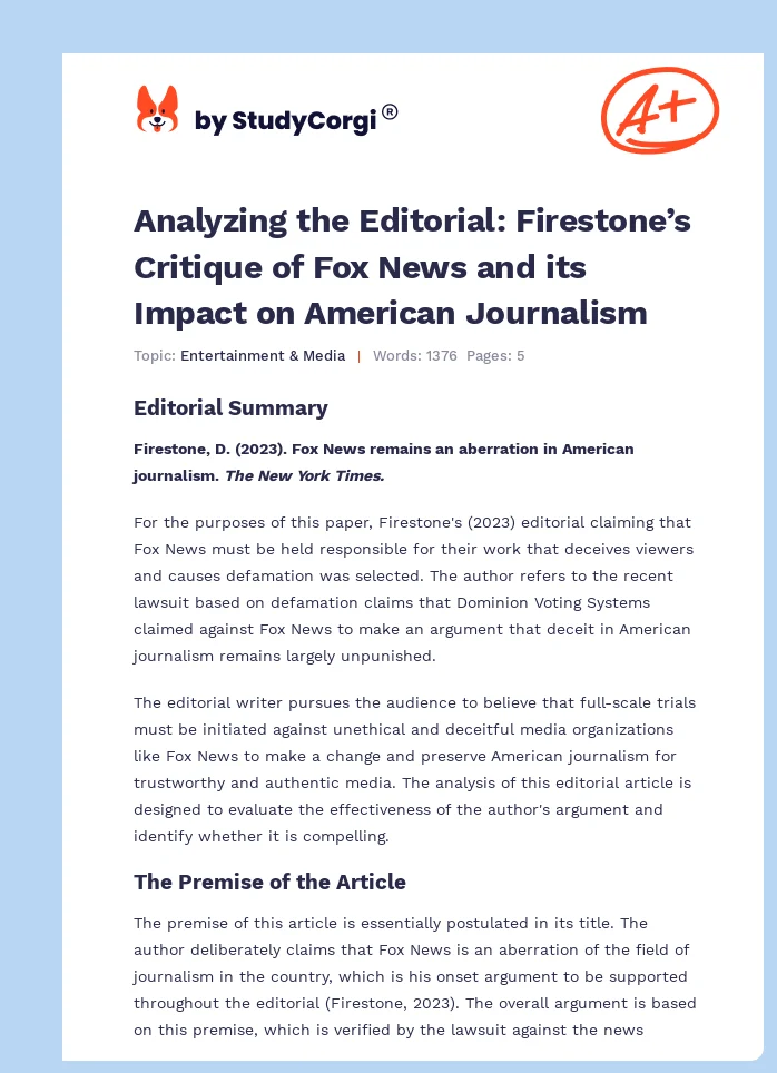 Analyzing the Editorial: Firestone’s Critique of Fox News and its Impact on American Journalism. Page 1