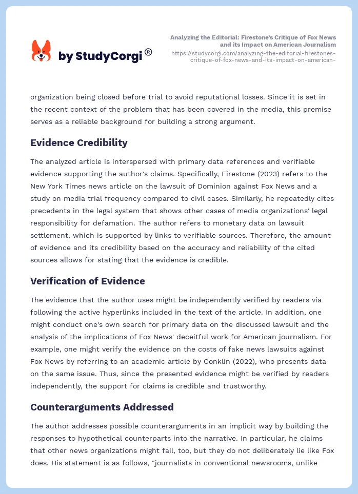 Analyzing the Editorial: Firestone’s Critique of Fox News and its Impact on American Journalism. Page 2