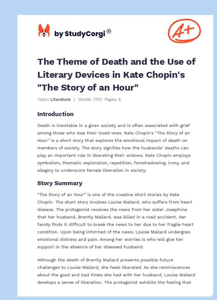 The Theme of Death and the Use of Literary Devices in Kate Chopin's "The Story of an Hour". Page 1