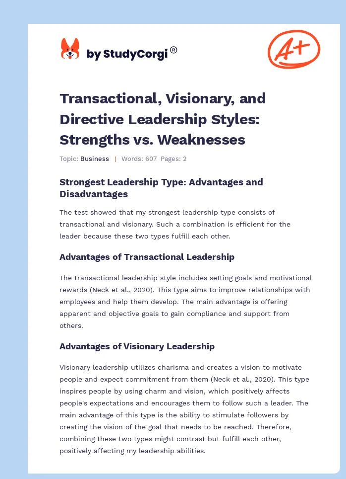 Transactional, Visionary, and Directive Leadership Styles: Strengths vs. Weaknesses. Page 1