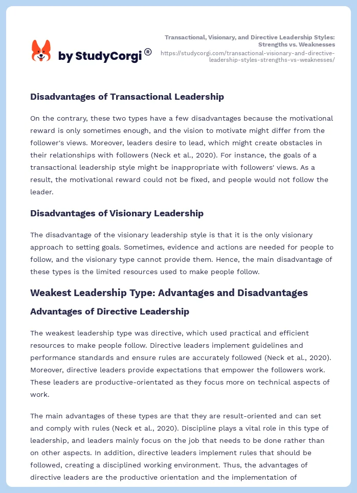 Transactional, Visionary, and Directive Leadership Styles: Strengths vs. Weaknesses. Page 2