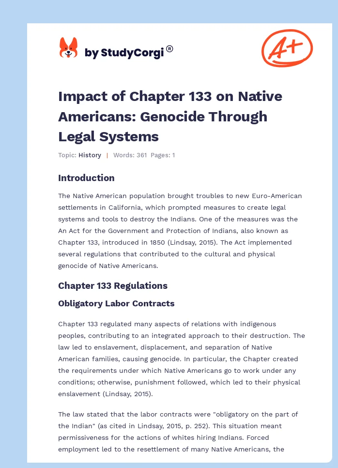 Impact of Chapter 133 on Native Americans: Genocide Through Legal Systems. Page 1