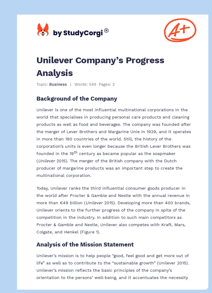 Unilever Company’s Progress Analysis. Page 1
