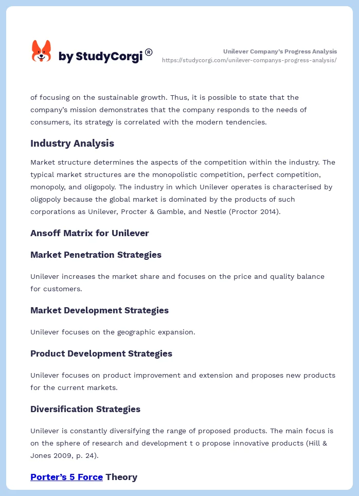 Unilever Company’s Progress Analysis. Page 2