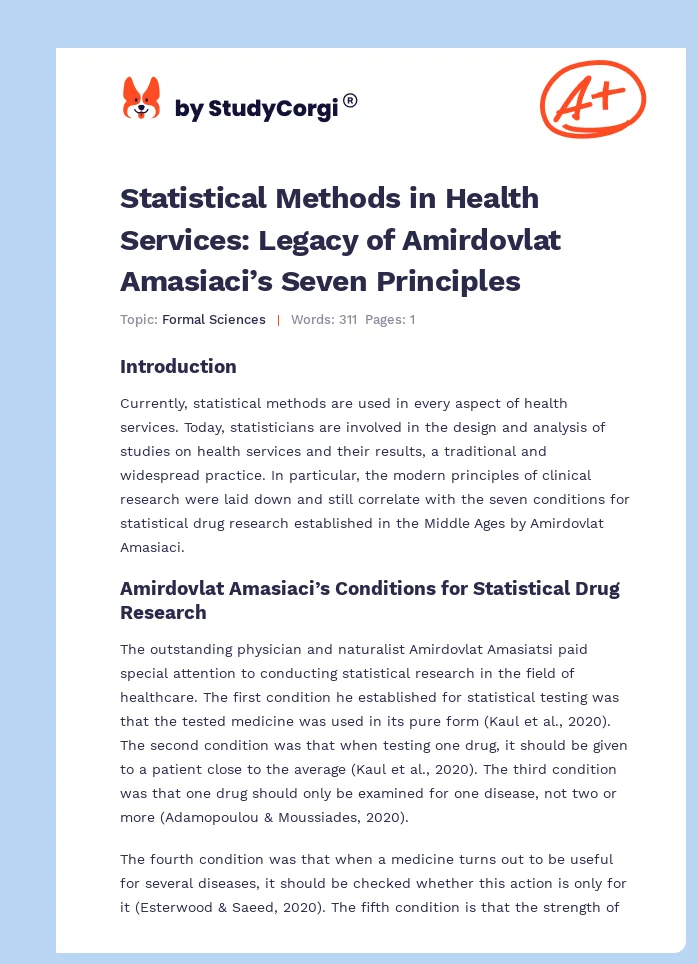 Statistical Methods in Health Services: Legacy of Amirdovlat Amasiaci’s Seven Principles. Page 1