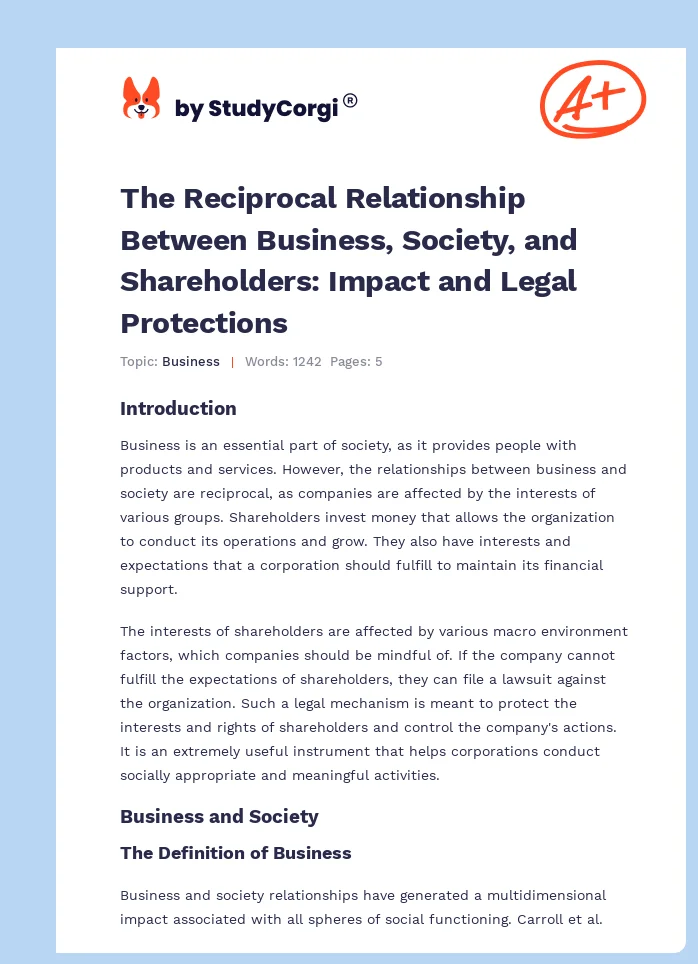 The Reciprocal Relationship Between Business, Society, and Shareholders: Impact and Legal Protections. Page 1