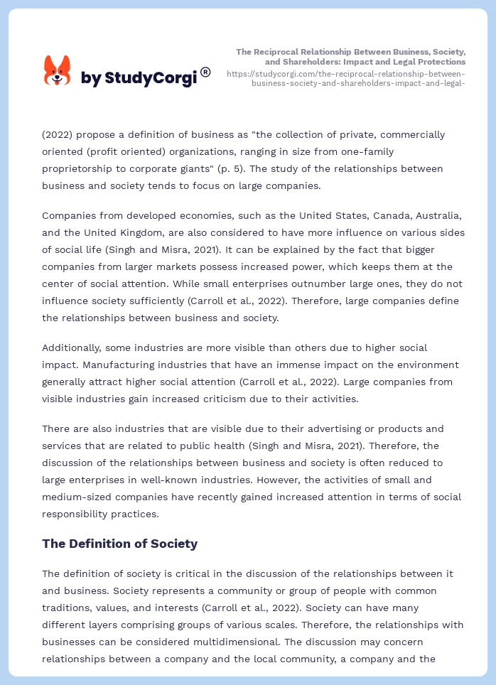 The Reciprocal Relationship Between Business, Society, and Shareholders: Impact and Legal Protections. Page 2