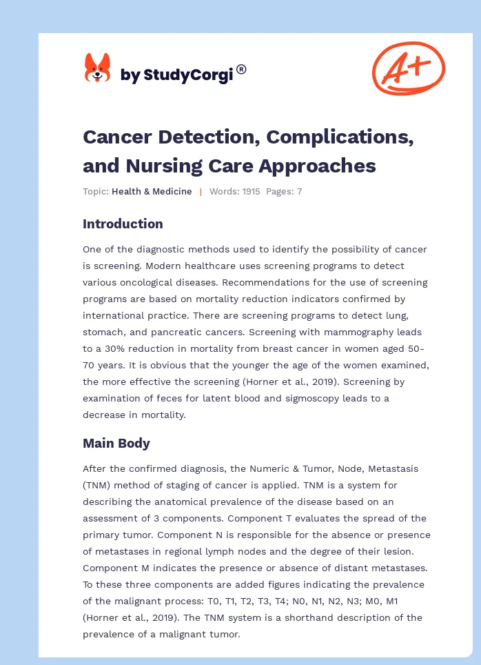 Cancer Detection, Complications, and Nursing Care Approaches. Page 1