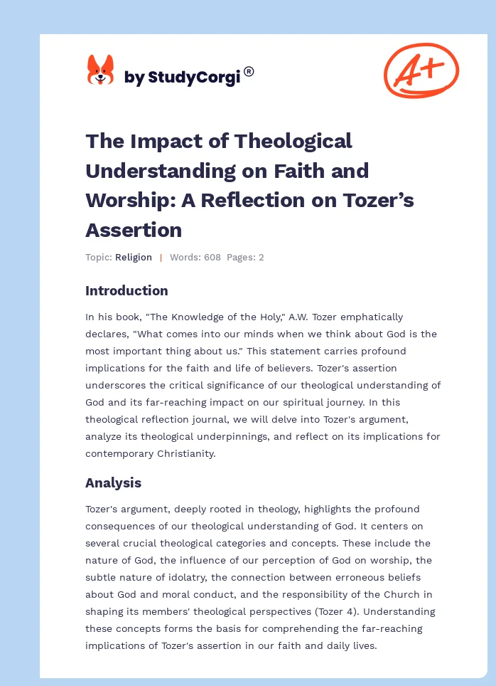 The Impact of Theological Understanding on Faith and Worship: A Reflection on Tozer’s Assertion. Page 1