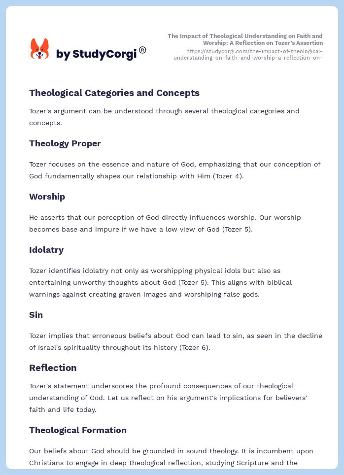 The Impact of Theological Understanding on Faith and Worship: A Reflection on Tozer’s Assertion. Page 2