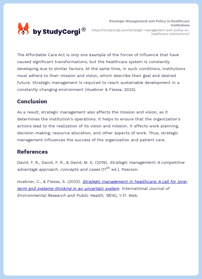 Strategic Management and Policy in Healthcare Institutions. Page 2