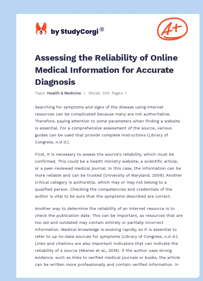 Assessing the Reliability of Online Medical Information for Accurate Diagnosis. Page 1