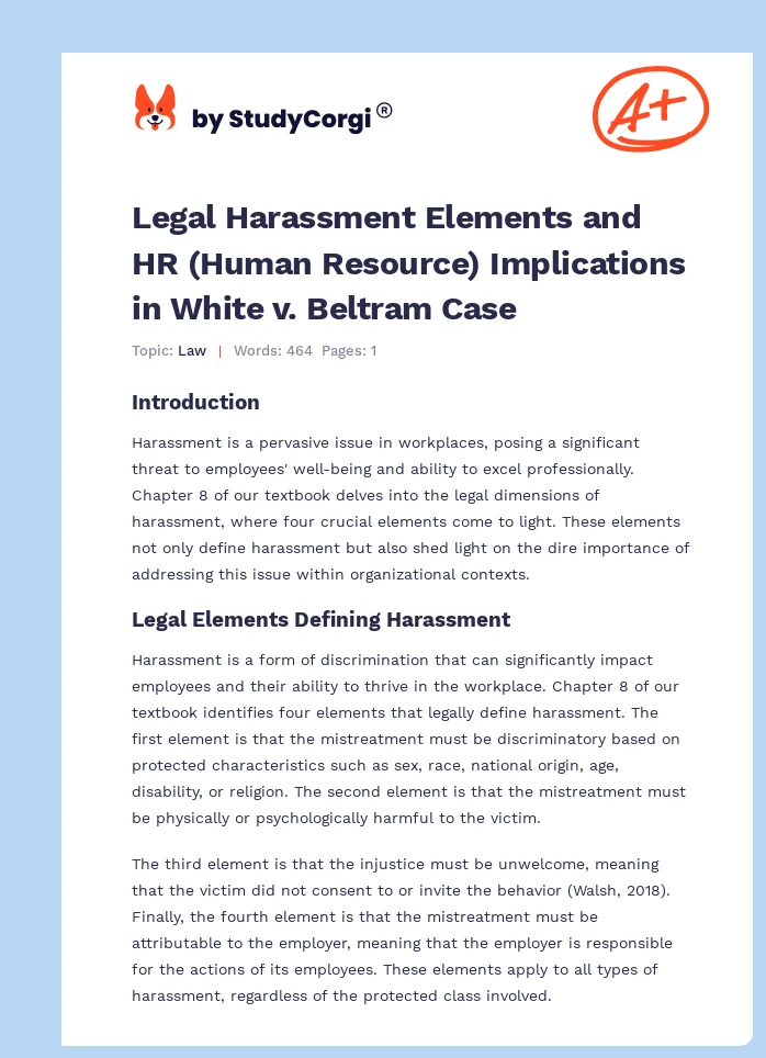 Legal Harassment Elements and HR (Human Resource) Implications in White v. Beltram Case. Page 1