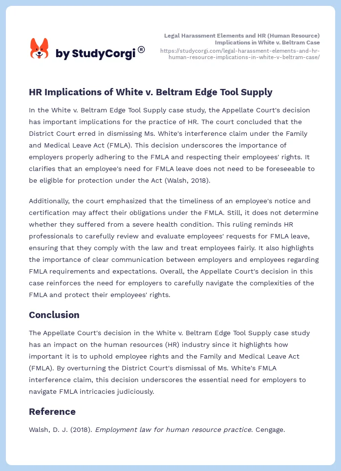 Legal Harassment Elements and HR (Human Resource) Implications in White v. Beltram Case. Page 2